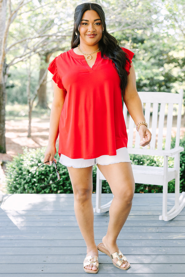 Chic Soul plus size clothing, red short flutter sleeve casual top with v-neckline