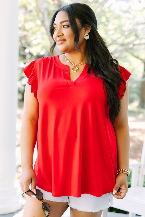 Chic Soul plus size clothing, red short flutter sleeve casual top with v-neckline