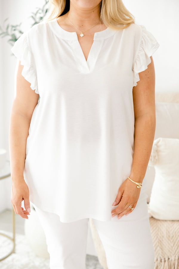Chic Soul plus size clothing, white silk top with short flutter sleeves and a v-neckline 
