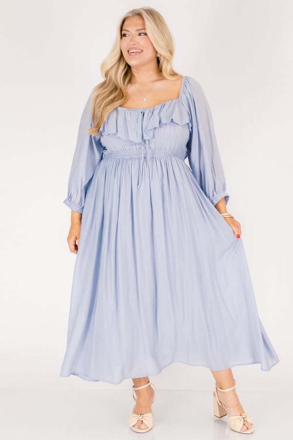 Chic Soul plus size clothing, light blue long sleeve square neck maxi dress with smocking and a ruffle along the neckline and a tie in the center of the chest