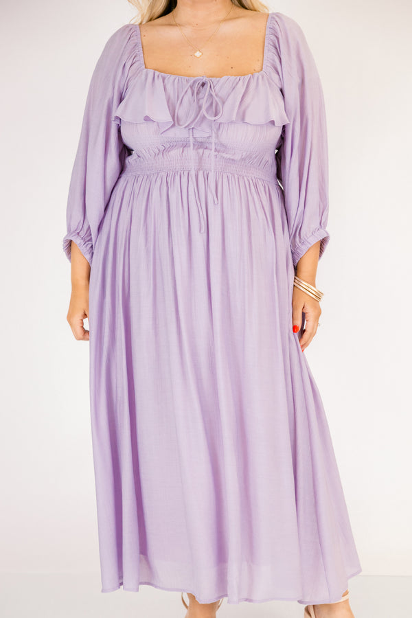 Chic Soul plus size clothing, light purple long sleeve square neck maxi dress with ruffle along the neckline and a tie in the center of the chest