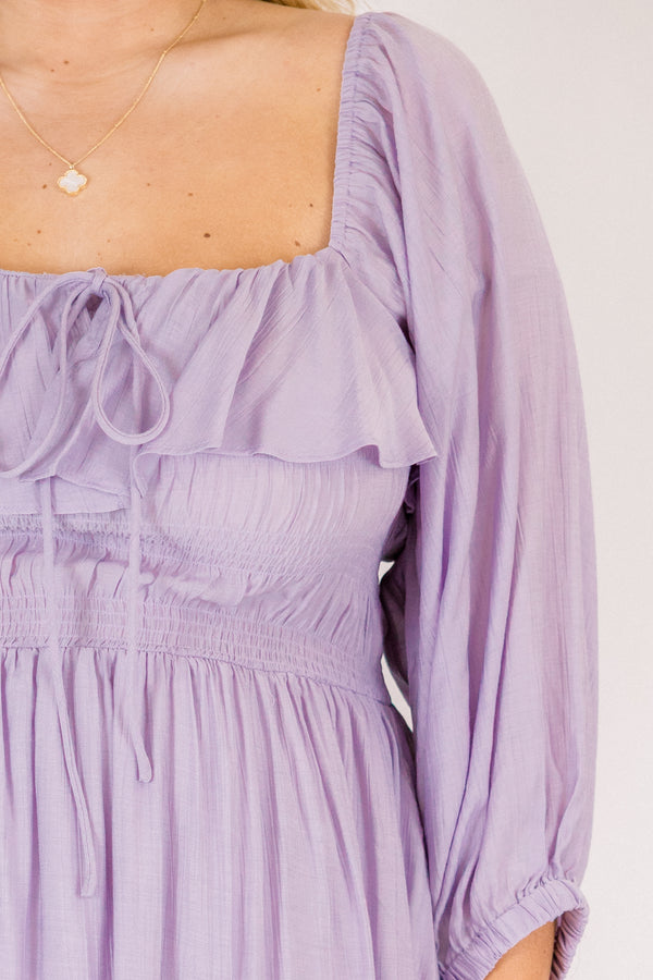 Chic Soul plus size clothing, light purple long sleeve square neck maxi dress with ruffle along the neckline and a tie in the center of the chest