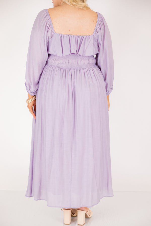 Chic Soul plus size clothing, light purple long sleeve square neck maxi dress with ruffle along the neckline and a tie in the center of the chest