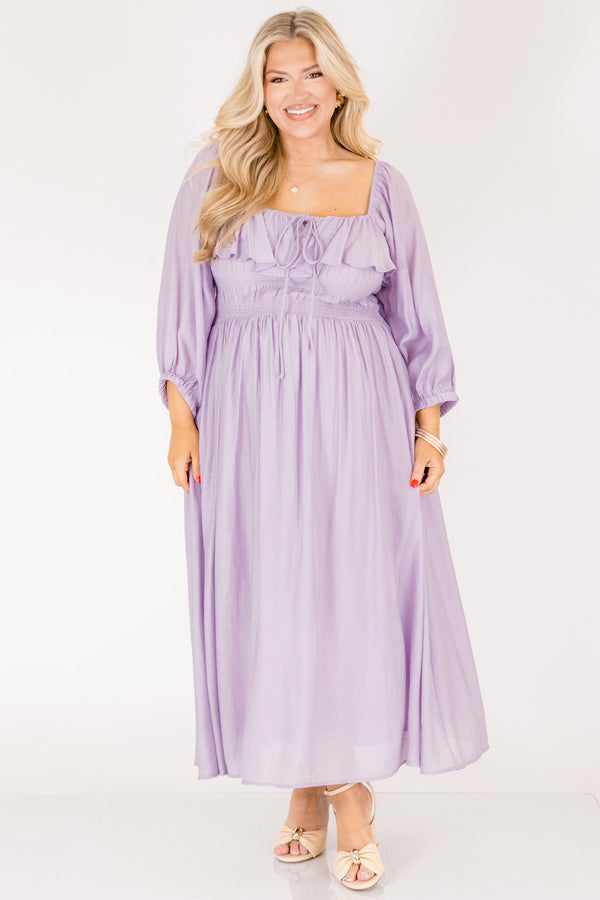 Chic Soul plus size clothing, light purple long sleeve square neck maxi dress with ruffle along the neckline and a tie in the center of the chest