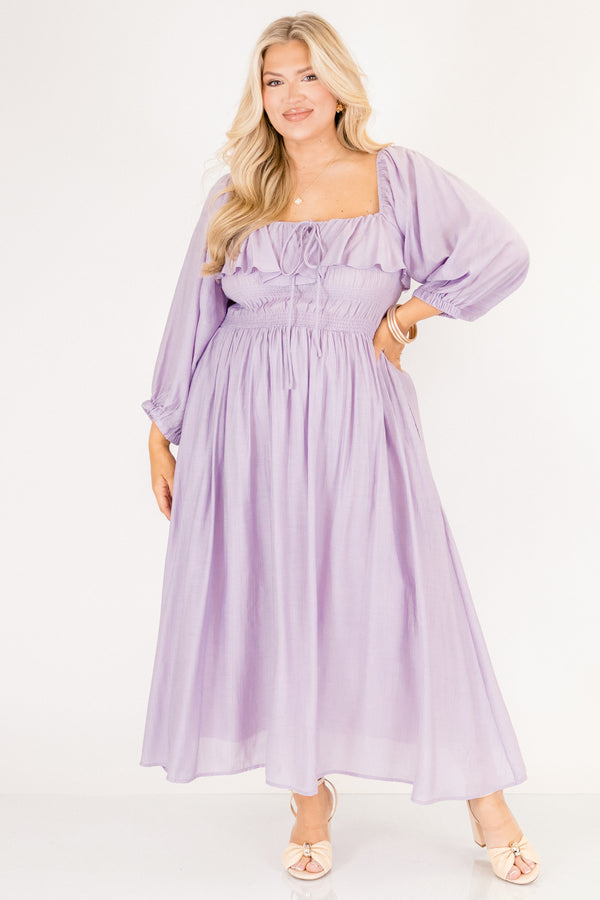 Chic Soul plus size clothing, light purple long sleeve square neck maxi dress with ruffle along the neckline and a tie in the center of the chest