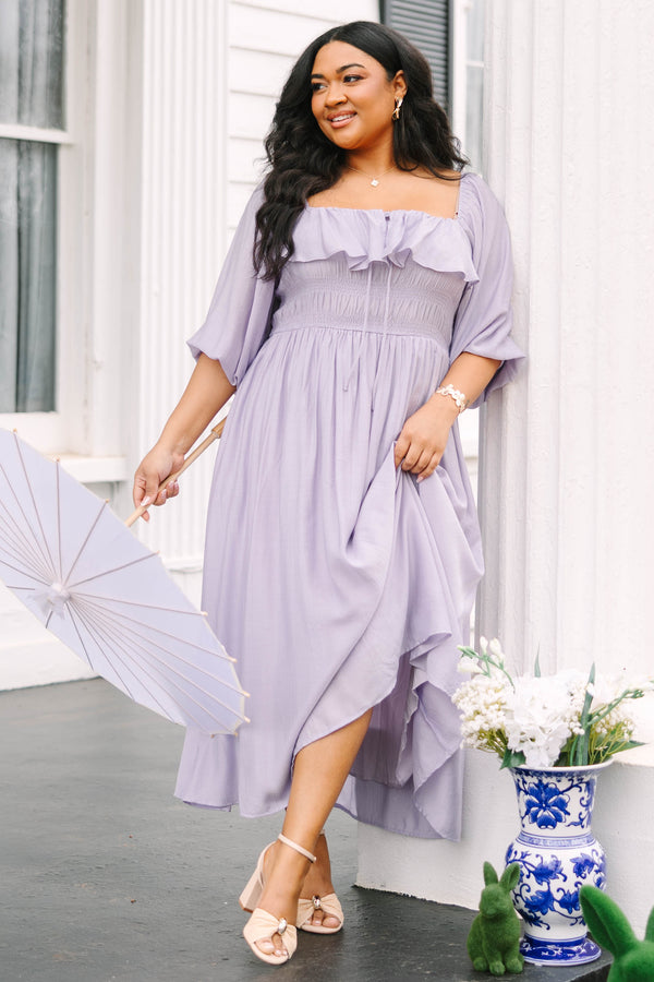 Chic Soul plus size clothing, light purple long sleeve square neck maxi dress with ruffle along the neckline and a tie in the center of the chest