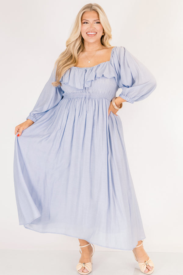 Chic Soul plus size clothing, light blue long sleeve square neck maxi dress with smocking and a ruffle along the neckline and a tie in the center of the chest