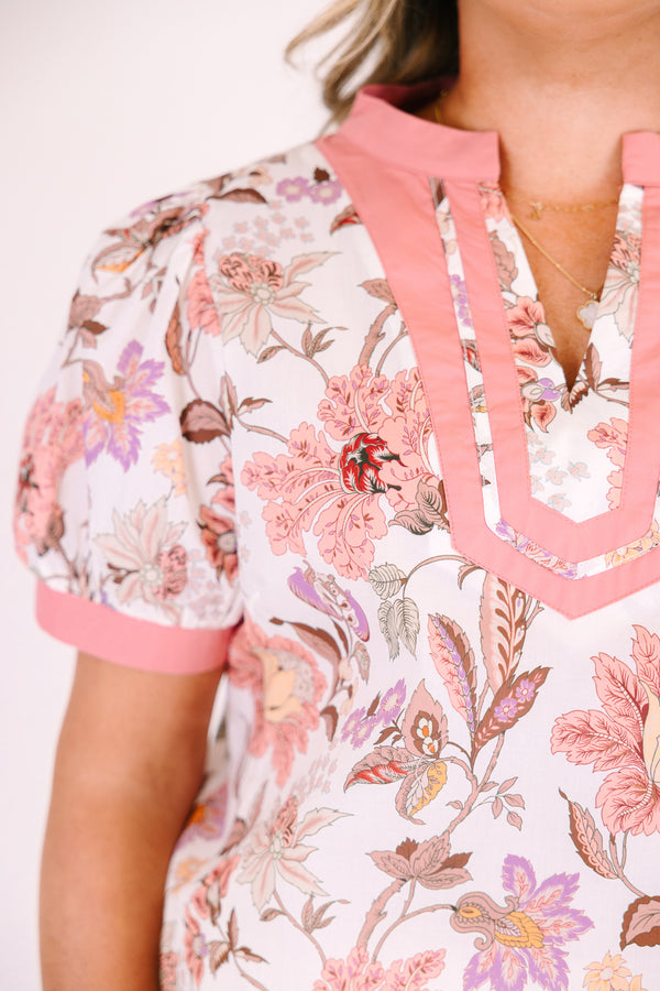 Chic Soul plus size clothing, pink floral print puff sleeve top with pink stripe piping around the neckline and trim