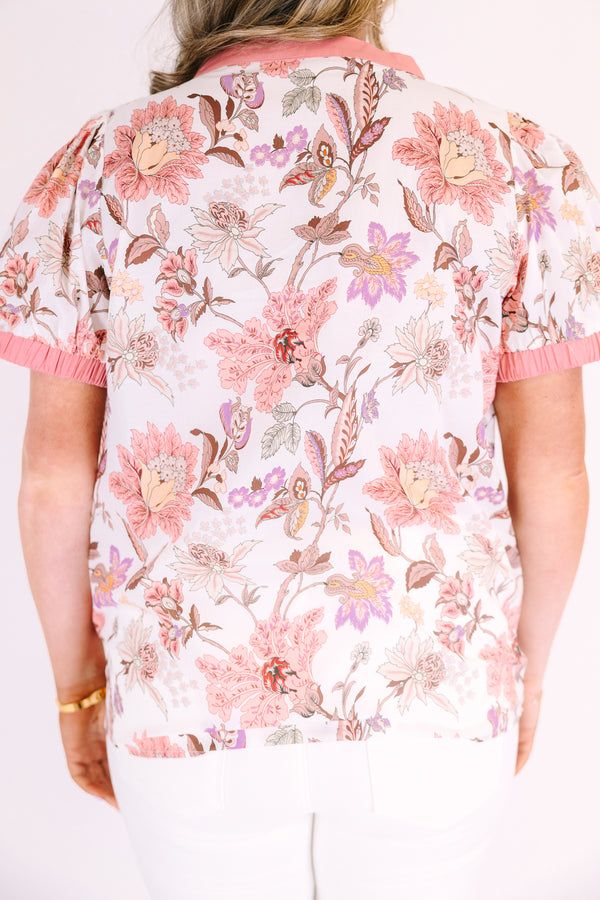 Chic Soul plus size clothing, pink floral print puff sleeve top with pink stripe piping around the neckline and trim