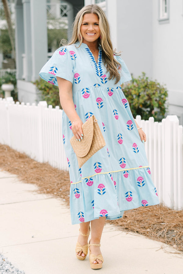 Chic Soul plus size clothing, light blue short sleeve v neck midi dress with pink and royal blue floral print and blue stripe detailing around the neckline