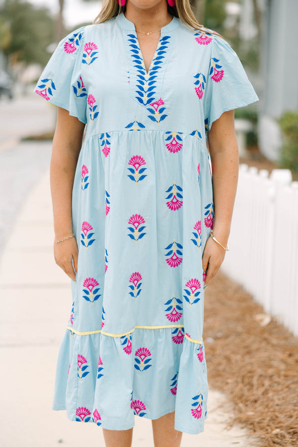 Chic Soul plus size clothing, light blue short sleeve v neck midi dress with pink and royal blue floral print and blue stripe detailing around the neckline