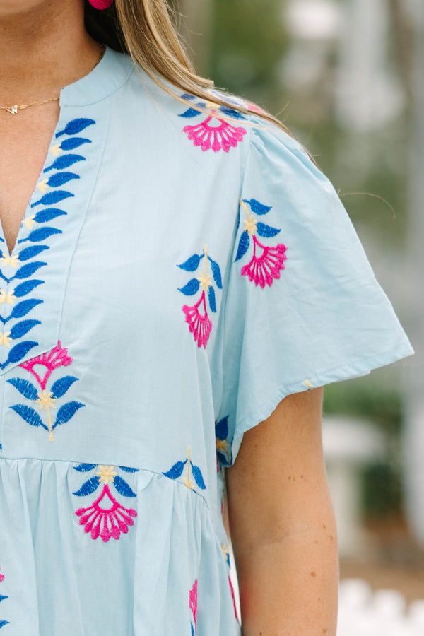 Chic Soul plus size clothing, light blue short sleeve v neck midi dress with pink and royal blue floral print and blue stripe detailing around the neckline