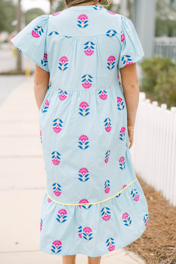 Chic Soul plus size clothing, light blue short sleeve v neck midi dress with pink and royal blue floral print and blue stripe detailing around the neckline