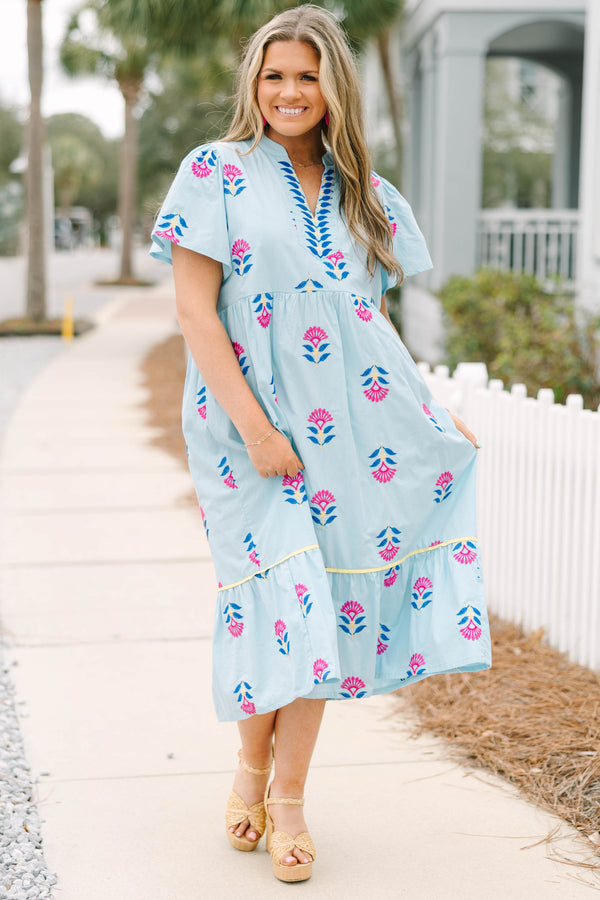 Chic Soul plus size clothing, light blue short sleeve v neck midi dress with pink and royal blue floral print and blue stripe detailing around the neckline