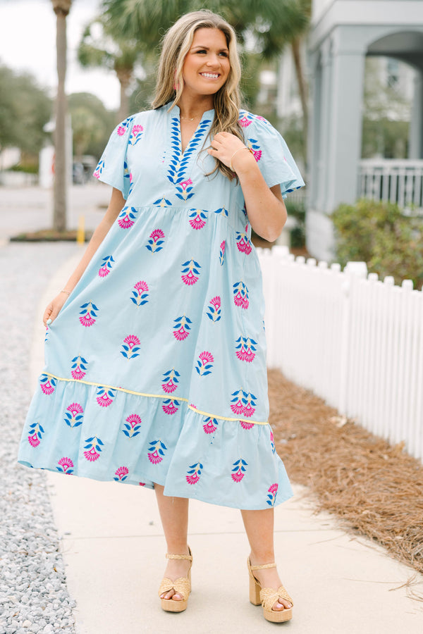 Chic Soul plus size clothing, light blue short sleeve v neck midi dress with pink and royal blue floral print and blue stripe detailing around the neckline