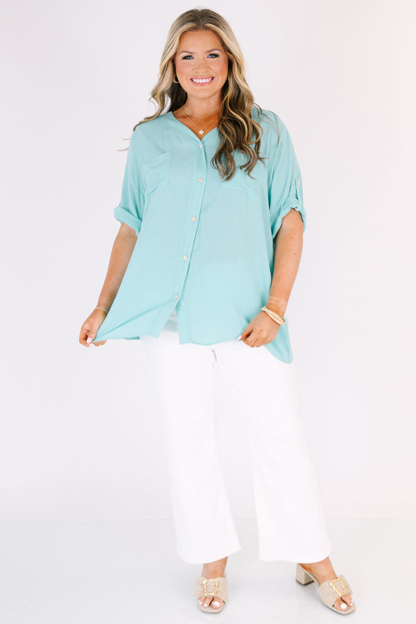 Chic Soul plus size clothing, light mint green short cuffed sleeve button up top with front chest pocket