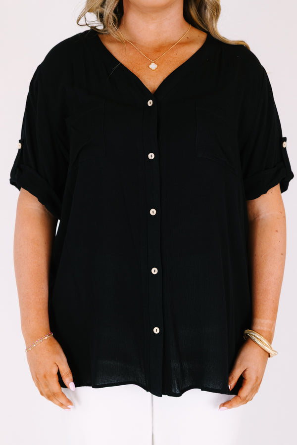 Chic Soul plus size clothing, black short sleeve top with light brown wooden buttons along the front and a v-neckline