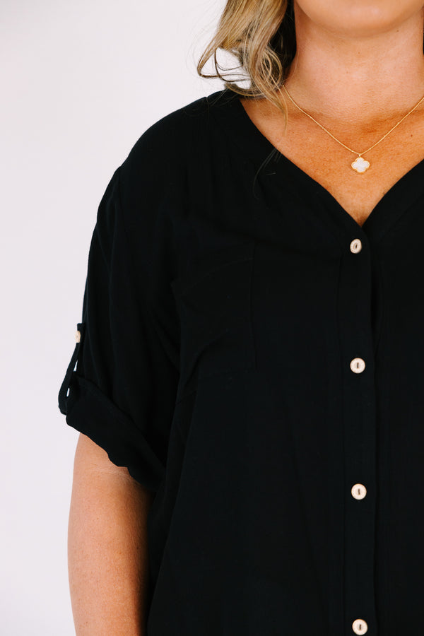 Chic Soul plus size clothing, black short sleeve top with light brown wooden buttons along the front and a v-neckline