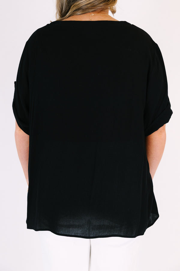 Chic Soul plus size clothing, black short sleeve top with light brown wooden buttons along the front and a v-neckline