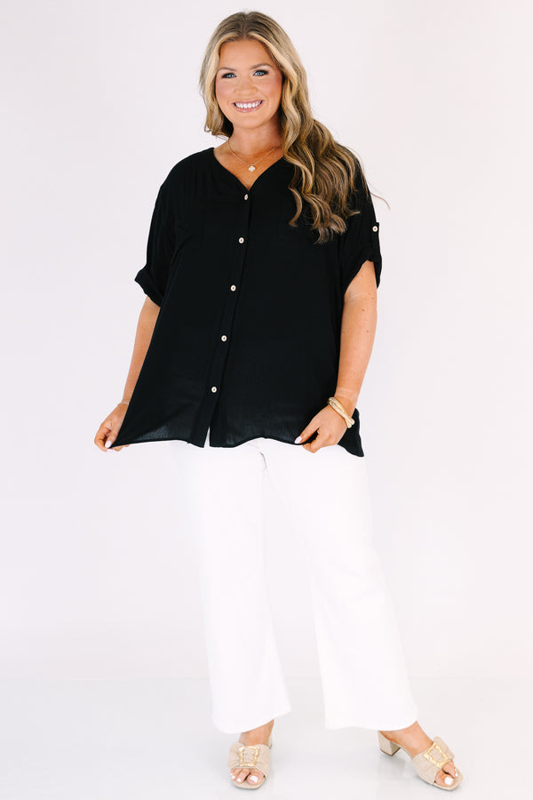 Chic Soul plus size clothing, black short sleeve top with light brown wooden buttons along the front and a v-neckline