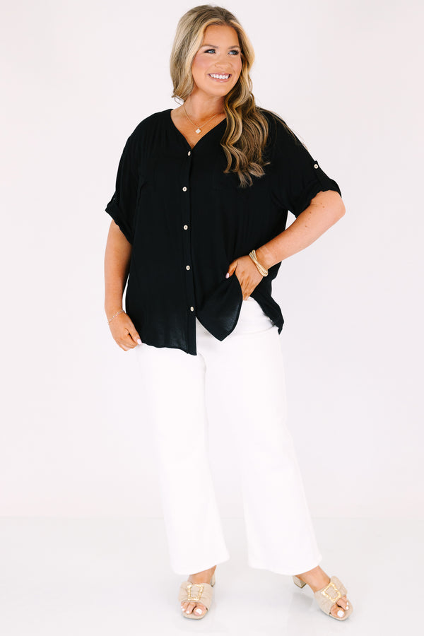 Chic Soul plus size clothing, black short sleeve top with light brown wooden buttons along the front and a v-neckline