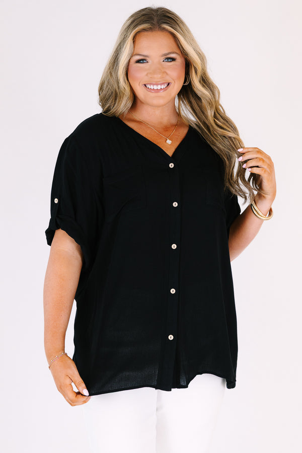 Chic Soul plus size clothing, black short sleeve top with light brown wooden buttons along the front and a v-neckline