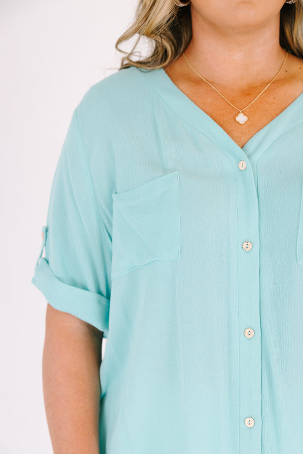 Chic Soul plus size clothing, light mint green short cuffed sleeve button up top with front chest pocket