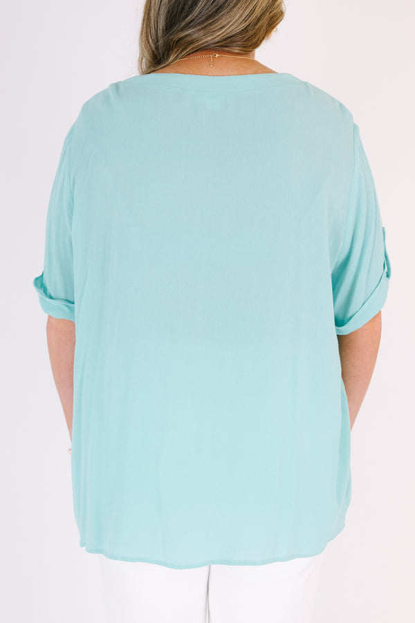 Chic Soul plus size clothing, light mint green short cuffed sleeve button up top with front chest pocket