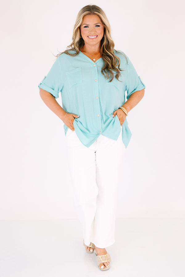 Chic Soul plus size clothing, light mint green short cuffed sleeve button up top with front chest pocket