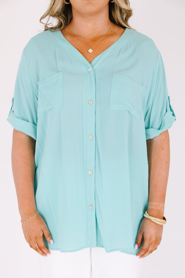 Chic Soul plus size clothing, light mint green short cuffed sleeve button up top with front chest pocket