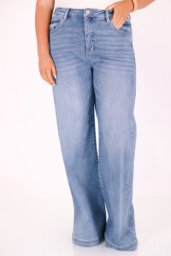 Chic soul plus size clothing, High-rise, wide-leg denim jeans in a medium wash 