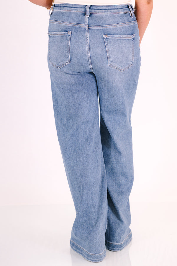 Chic soul plus size clothing, High-rise, wide-leg denim jeans in a medium wash 
