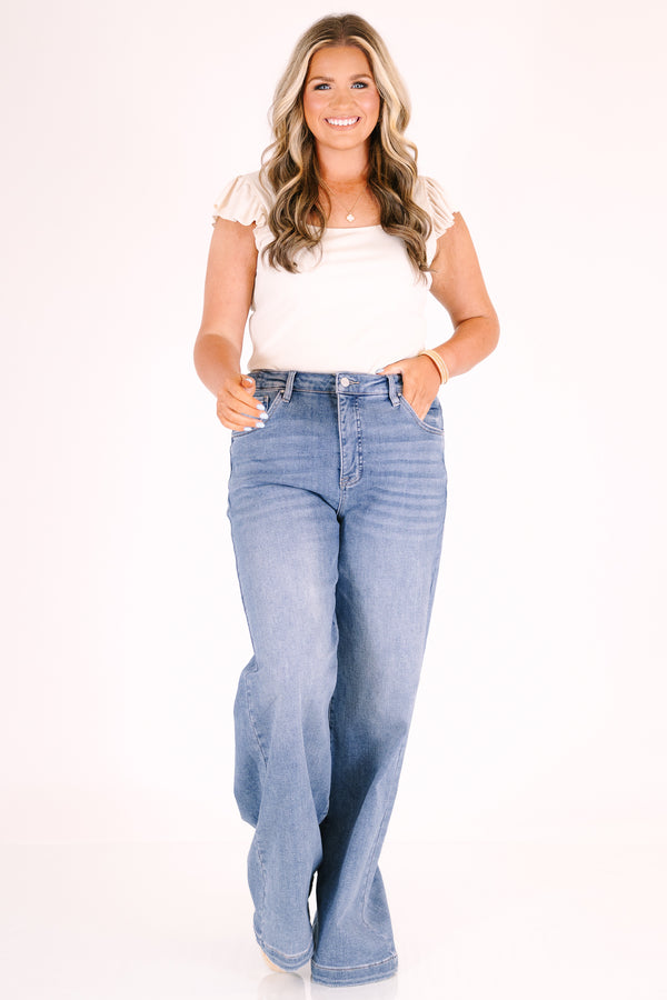 Chic soul plus size clothing, High-rise, wide-leg denim jeans in a medium wash 