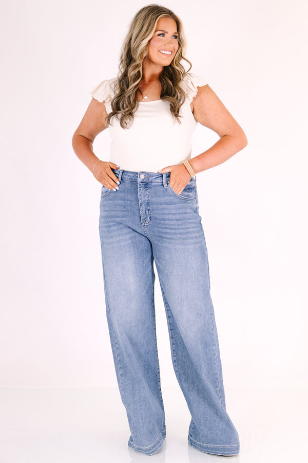 Chic soul plus size clothing, High-rise, wide-leg denim jeans in a medium wash 