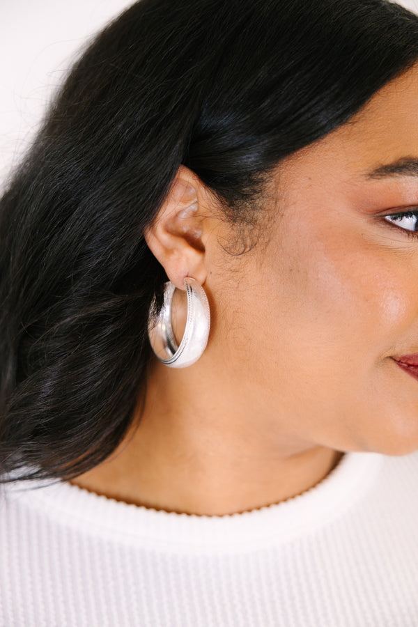 Chic Soul plus size clothing, silver hoops with a textured look along the middle of each hoop