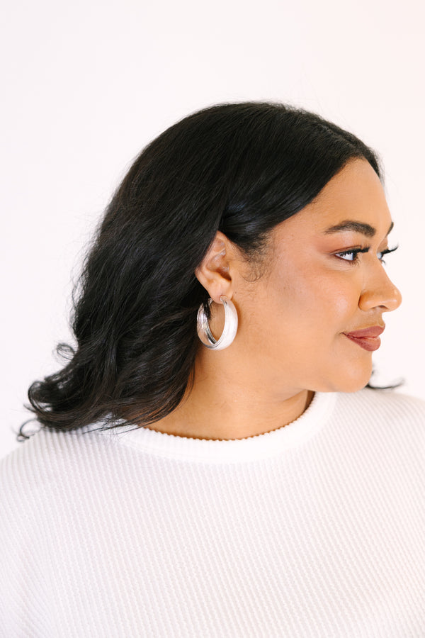 Chic Soul plus size clothing, silver hoops with a textured look along the middle of each hoop