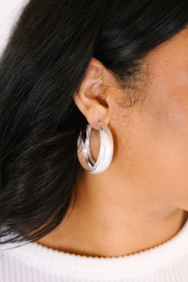 Chic Soul plus size clothing, silver hoops with a textured look along the middle of each hoop