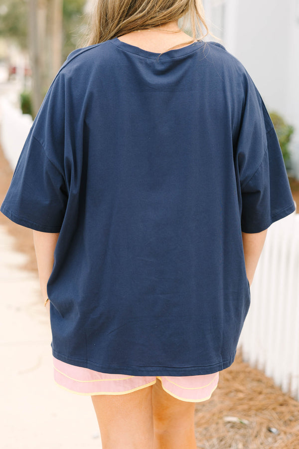 Chic Soul plus size clothing, dark navy blue short sleeve boyfriend tee with 