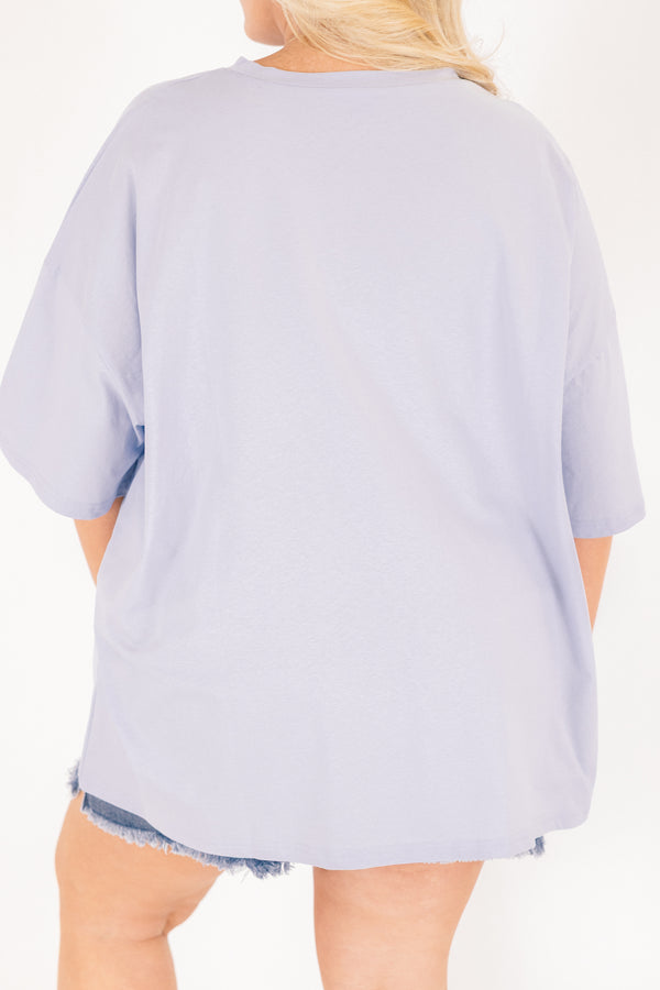 Chic Soul plus size clothing, ash blue short sleeve graphic tee with the saying 