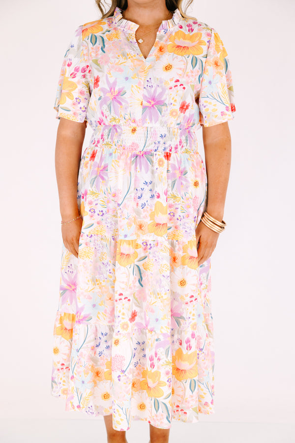 Chic Soul plus size clothing, white maxi dress with short sleeves a cinched waist a slight v-neckline and a multi-color floral pattern throughout 