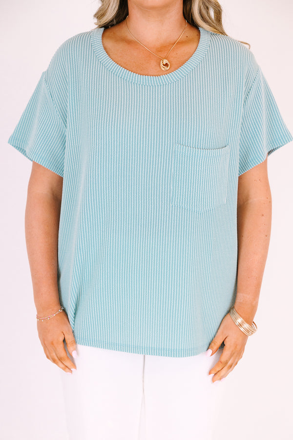 Chic Soul plus size clothing, light teal short sleeve scoop neck ribbed tee with front chest pocket
