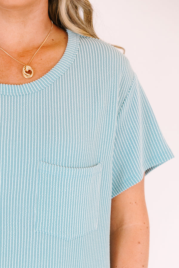 Chic Soul plus size clothing, light teal short sleeve scoop neck ribbed tee with front chest pocket

