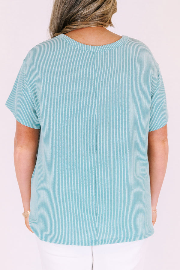 Chic Soul plus size clothing, light teal short sleeve scoop neck ribbed tee with front chest pocket
