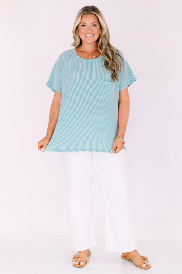 Chic Soul plus size clothing, light teal short sleeve scoop neck ribbed tee with front chest pocket
