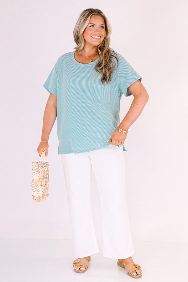 Chic Soul plus size clothing, light teal short sleeve scoop neck ribbed tee with front chest pocket
