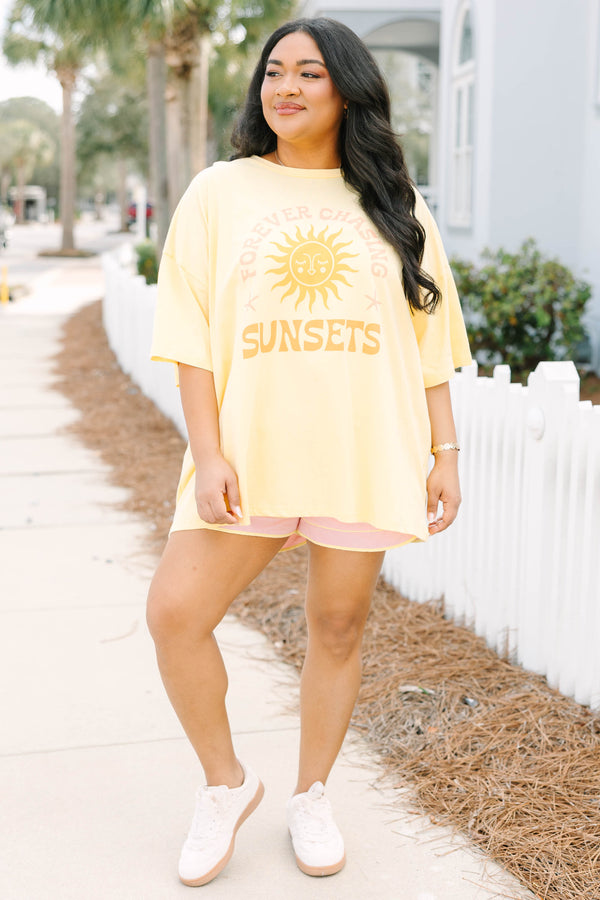 Chic Soul plus size clothing, butter yellow short sleeve boyfriend tee with 