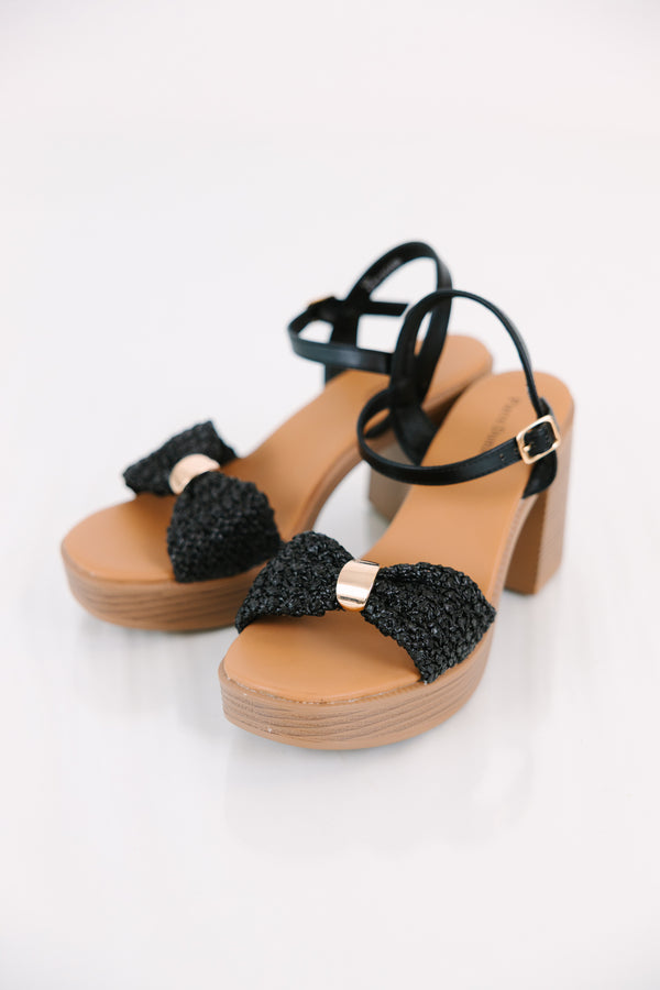 Chic Soul plus size clothing, black woven ankle strap heels with tan block base and gold detailing in the middle