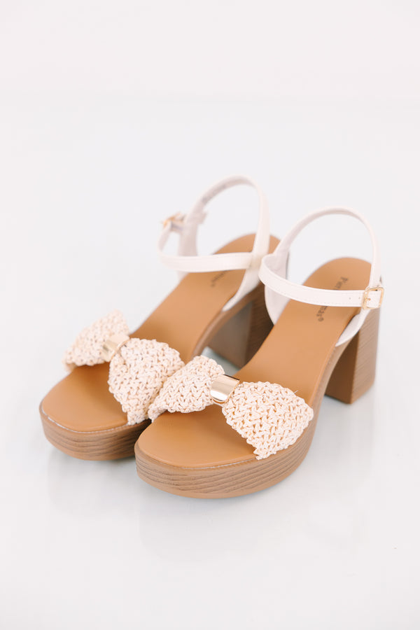 Chic Soul plus size clothing, natural heels with a cream woven strap going across the top of the foot with a gold detail in the middle as well as a cream strap going around the ankle 