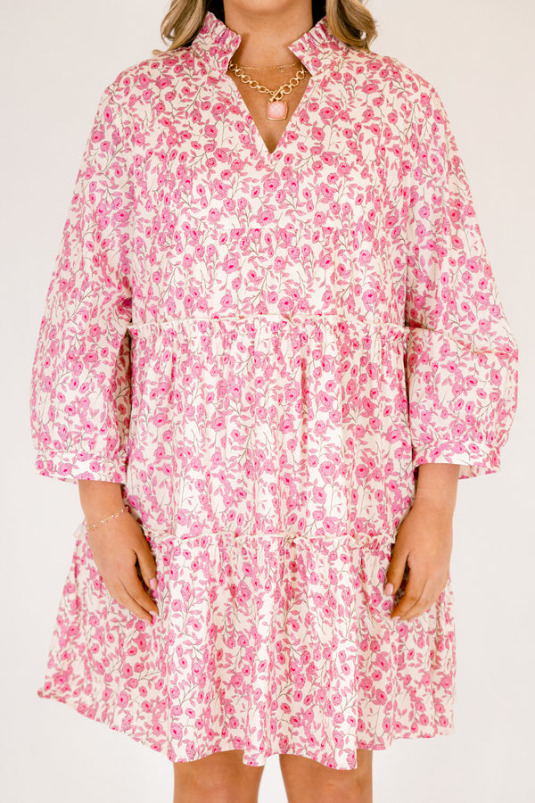Chic Soul plus size clothing, pink and white floral print long sleeve tiered baby doll dress with v neck cutout and ruffle collar