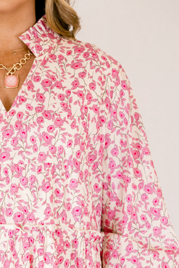 Chic Soul plus size clothing, pink and white floral print long sleeve tiered baby doll dress with v neck cutout and ruffle collar